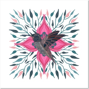 Hummingbird Vibrant Pink Flower and Leaves Design Posters and Art